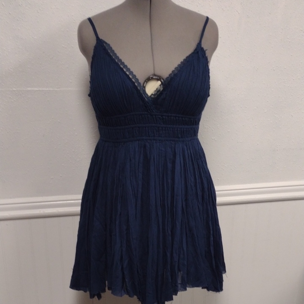 Free People Fp One Chic Navy Blue Pleated Mini Dress Vacation Beach Casual
